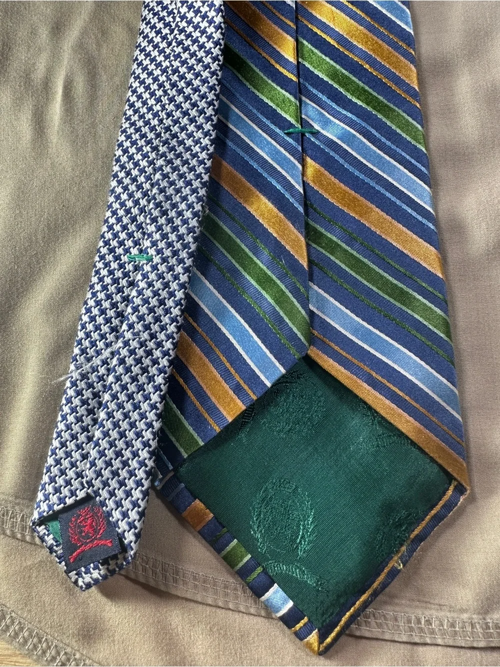 Tommy Hilfiger Blue Striped Tie with Green and Gold Accents